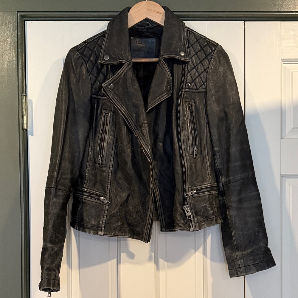 All Saints Quilted Black Leather Jacket